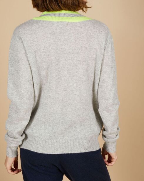 Pull 100% Cachemire Marley col V à bandes gris chiné clair/jaune fluo