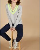 Pull 100% Cachemire Marley col V à bandes gris chiné clair/jaune fluo