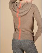 Gilet à capuche 100% Cachemire Blanche châtaigne/corail fluo