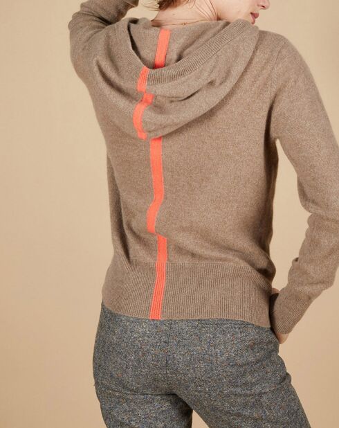 Gilet à capuche 100% Cachemire Blanche châtaigne/corail fluo