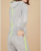 Gilet à capuche 100% Cachemire Blanche gris chiné clair/jaune fluo
