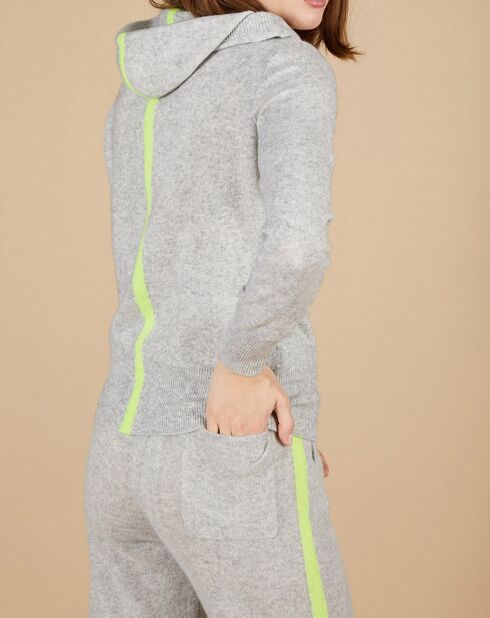 Gilet à capuche 100% Cachemire Blanche gris chiné clair/jaune fluo