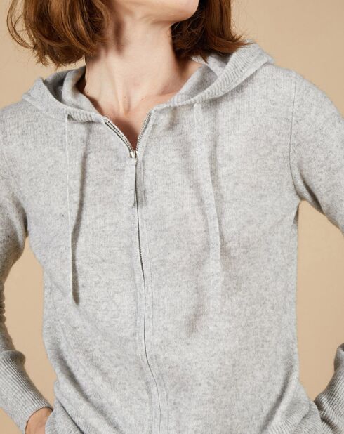 Gilet à capuche 100% Cachemire Blanche gris chiné clair/jaune fluo