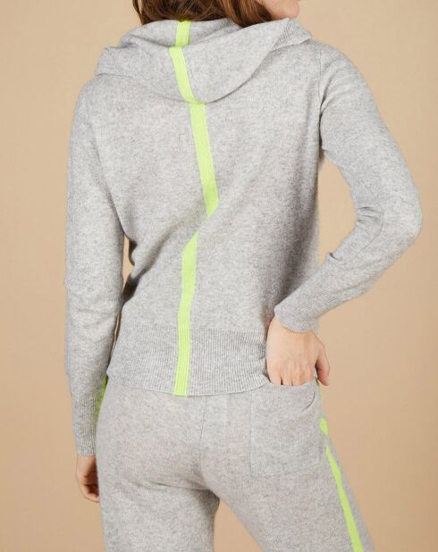 Gilet à capuche 100% Cachemire Blanche gris chiné clair/jaune fluo