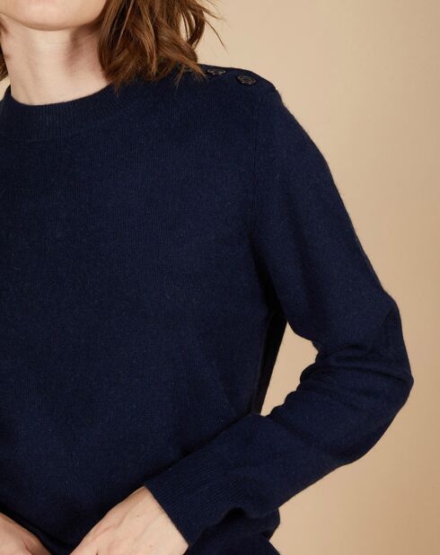 Pull 100% Cachemire Louizon col rond 3 boutons épaule bleu nuit