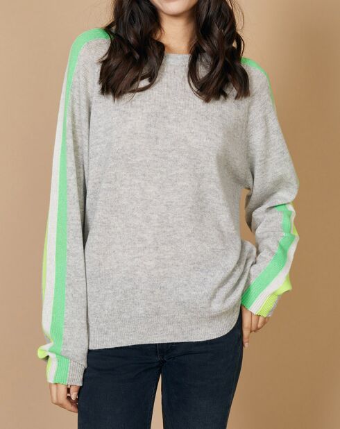 Pull 100% Cachemire Yakari col rond manches raglan bandes rainbow gris chiné/fluo