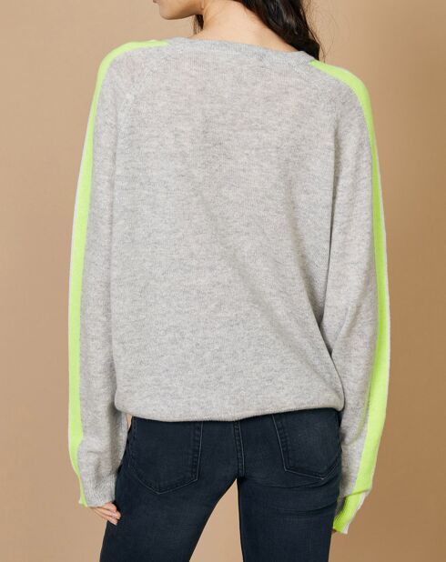Pull 100% Cachemire Yakari col rond manches raglan bandes rainbow gris chiné/fluo