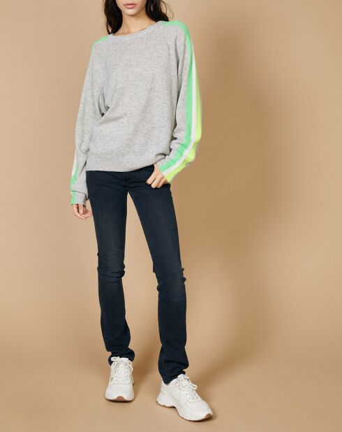 Pull 100% Cachemire Yakari col rond manches raglan bandes rainbow gris chiné/fluo