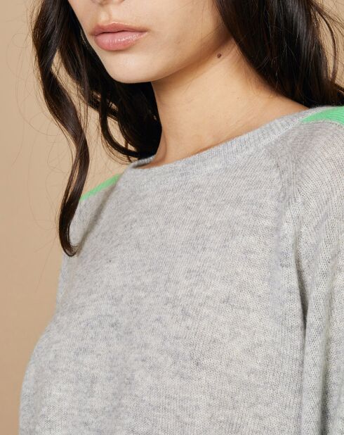 Pull 100% Cachemire Yakari col rond manches raglan bandes rainbow gris chiné/fluo