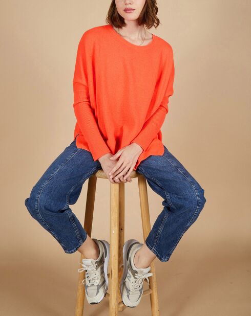 Pull poncho 100% Cachemire Alizée col rond corail fluo