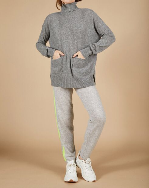 Pull ample 100% Cachemire Alicia Col roulé à poches gris chiné foncé