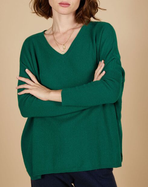 Pull poncho 100% Cachemire Chloé col V à bandes cyprès/gris clair