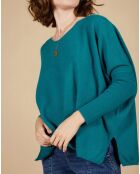 Pull poncho 100% Cachemire Emma col V bleu paon