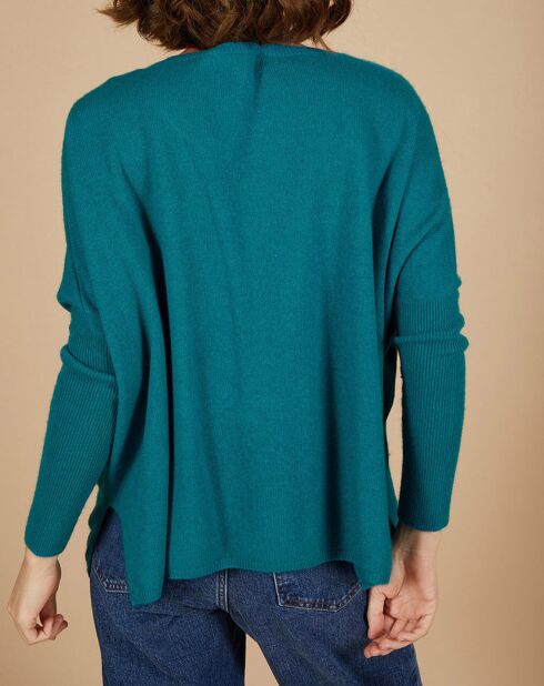Pull poncho 100% Cachemire Emma col V bleu paon