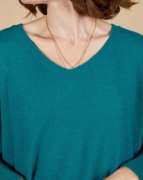 Pull poncho 100% Cachemire Emma col V bleu paon