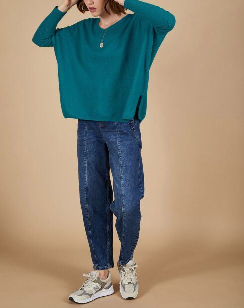 Pull poncho 100% Cachemire Emma col V bleu paon