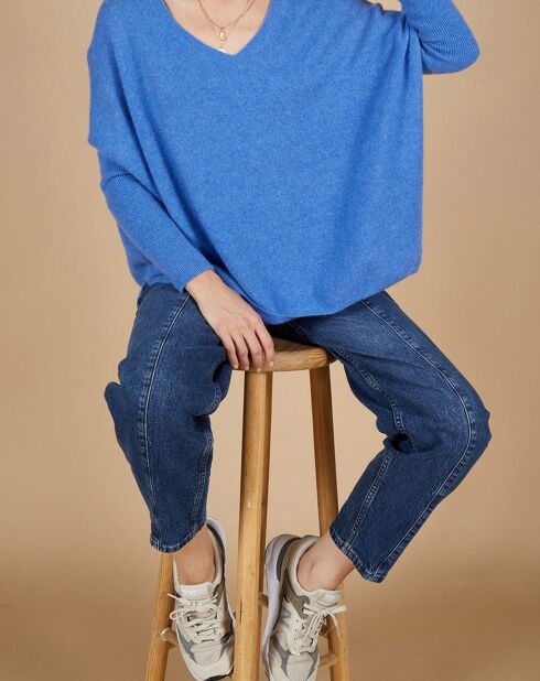 Pull poncho 100% Cachemire Emma col V bleu moyen