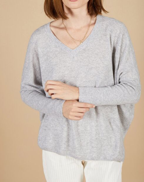 Pull poncho 100% Cachemire Emma col V gris chiné clair