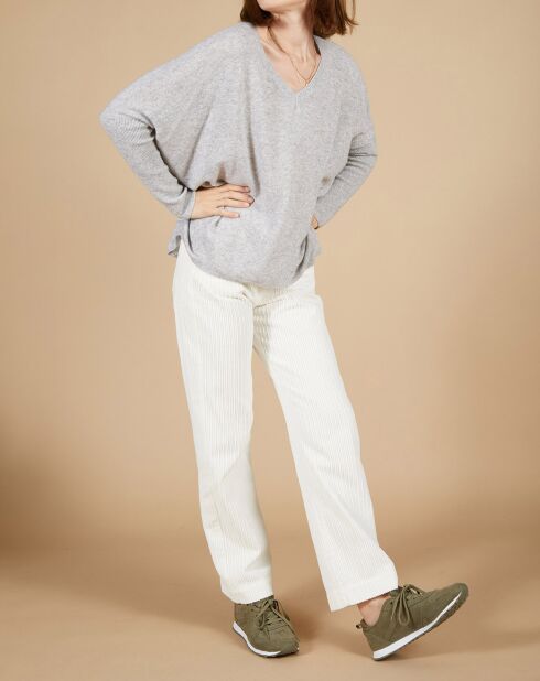 Pull poncho 100% Cachemire Emma col V gris chiné clair