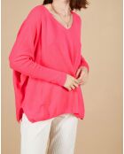 Pull poncho 100% Cachemire Emma col V rose fluo