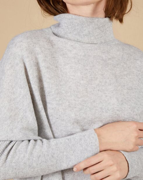 Pull poncho 100% Cachemire Lola col roulé gris chiné clair