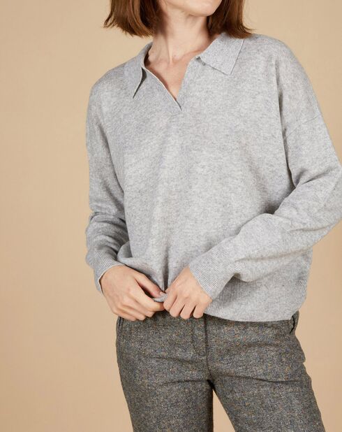 Pull en Laine & Cachemire Paloma col polo gris chiné clair