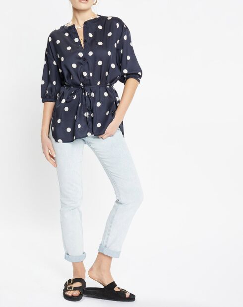 Top effet satiné Matis à pois bleu marine
