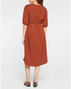 Abito Amandine di media lunghezza con cintura da annodare marrone ruggine