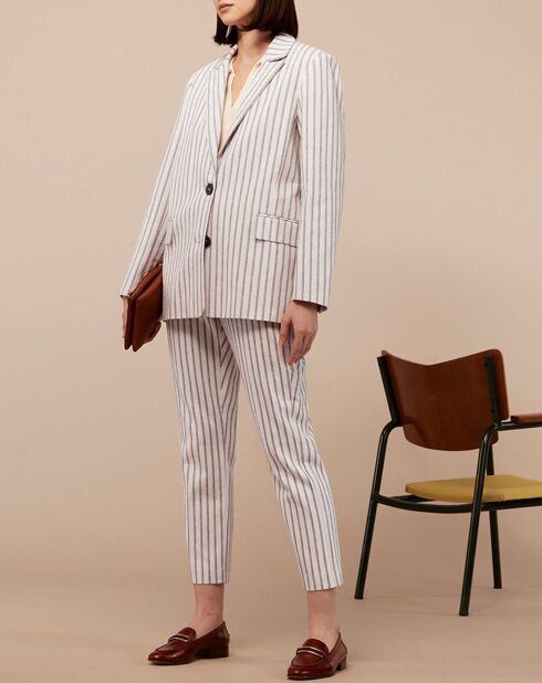 Giacca blazer Alpha Fantasy in cotone e lino a righe ecru/blu