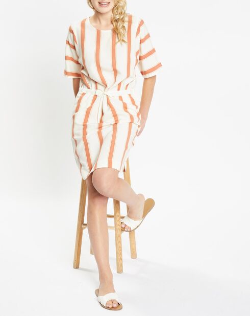 Robe mi-longue en Lin mélangé Anis rayée blanc/marron