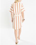 Robe mi-longue en Lin mélangé Anis rayée blanc/marron