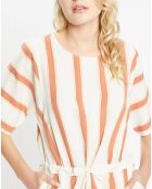 Robe mi-longue en Lin mélangé Anis rayée blanc/marron