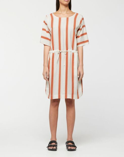 Abito di media lunghezza Anis in misto lino a righe bianche/marroni