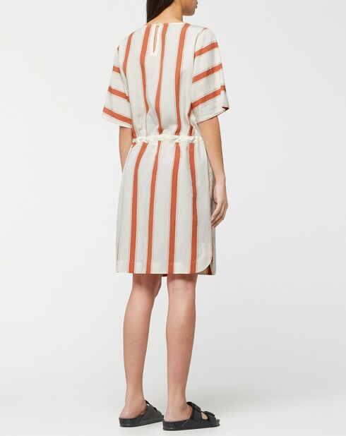 Abito di media lunghezza Anis in misto lino a righe bianche/marroni