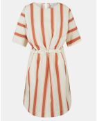 Robe mi-longue en Lin mélangé Anis rayée blanc/marron