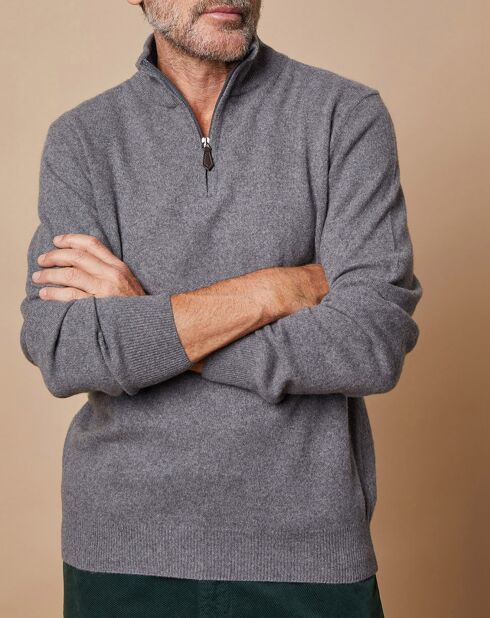 Pull 100% Cachemire 4 fils John col camionneur gris anthracite/marine