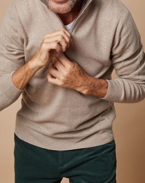 Pull 100% 4 fils Cachemire John col camionneur beige foncé/taupe