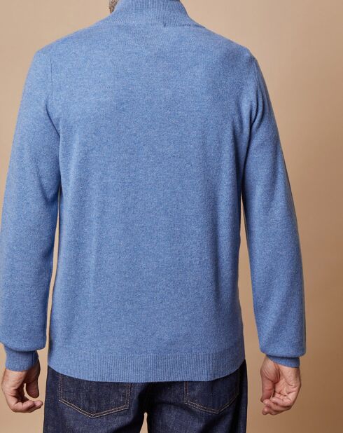 Pull 100% Cachemire 4 fils John col camionneur bleu denim clair/gris