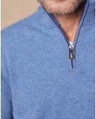 Pull 100% Cachemire 4 fils John col camionneur bleu denim clair/gris