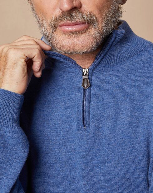 Pull 100% Cachemire 4 fils John col camionneur bleu denim foncé/gris