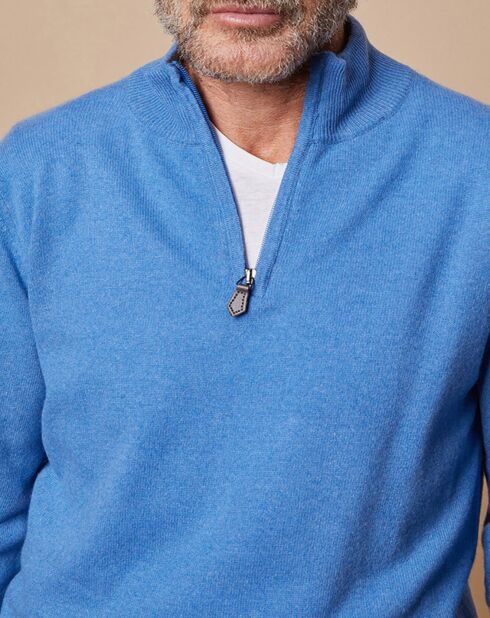 Pull 100% Cachemire 4 fils John col camionneur bleu vif/gris