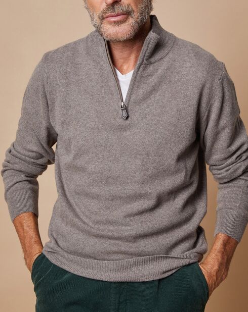 Pull 100% Cachemire 4 fils John col camionneur taupe foncé/bleu