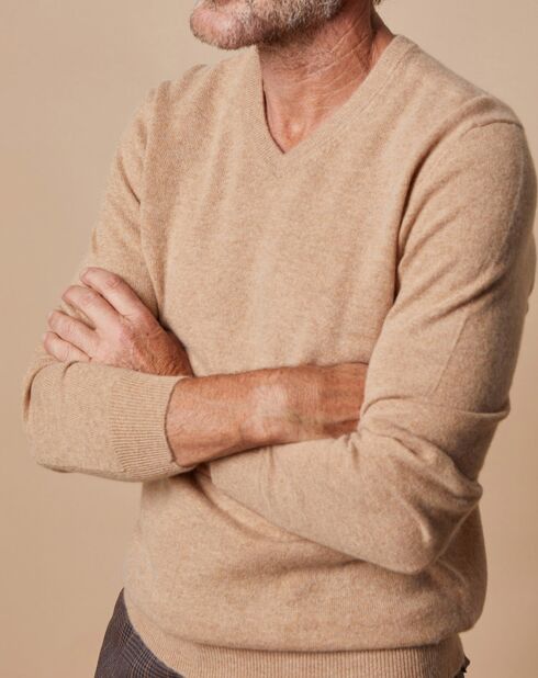 Pull 100% Cachemire Lucien col V beige