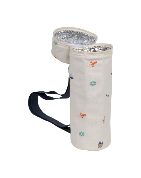 Beige/blauwe geïsoleerde flessentas - D.10x31 cm