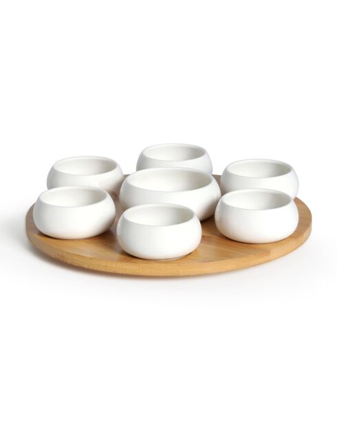 7 tazze da antipasto in ceramica con vassoio in bambù bianco