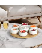 7 tazze da antipasto in ceramica con vassoio in bambù bianco