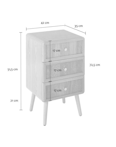 Chevet 3 tiroirs avec façades lamellées h71 cm - ava