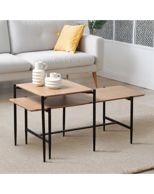 Lot de 2 tables basses gigognes décor chêne pieds métal noir - jessie