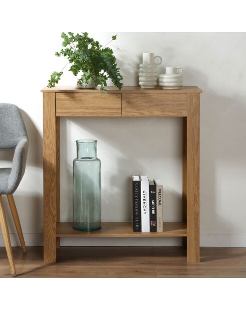 Console haute 2 tiroirs décor chêne - l79 cm