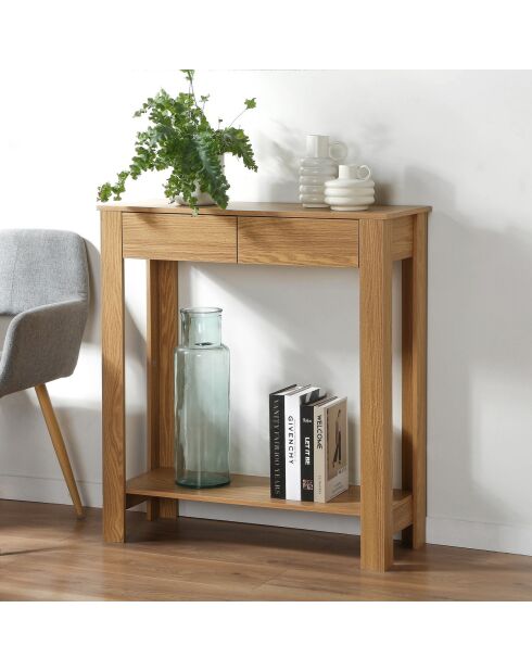 Console haute 2 tiroirs décor chêne - l79 cm